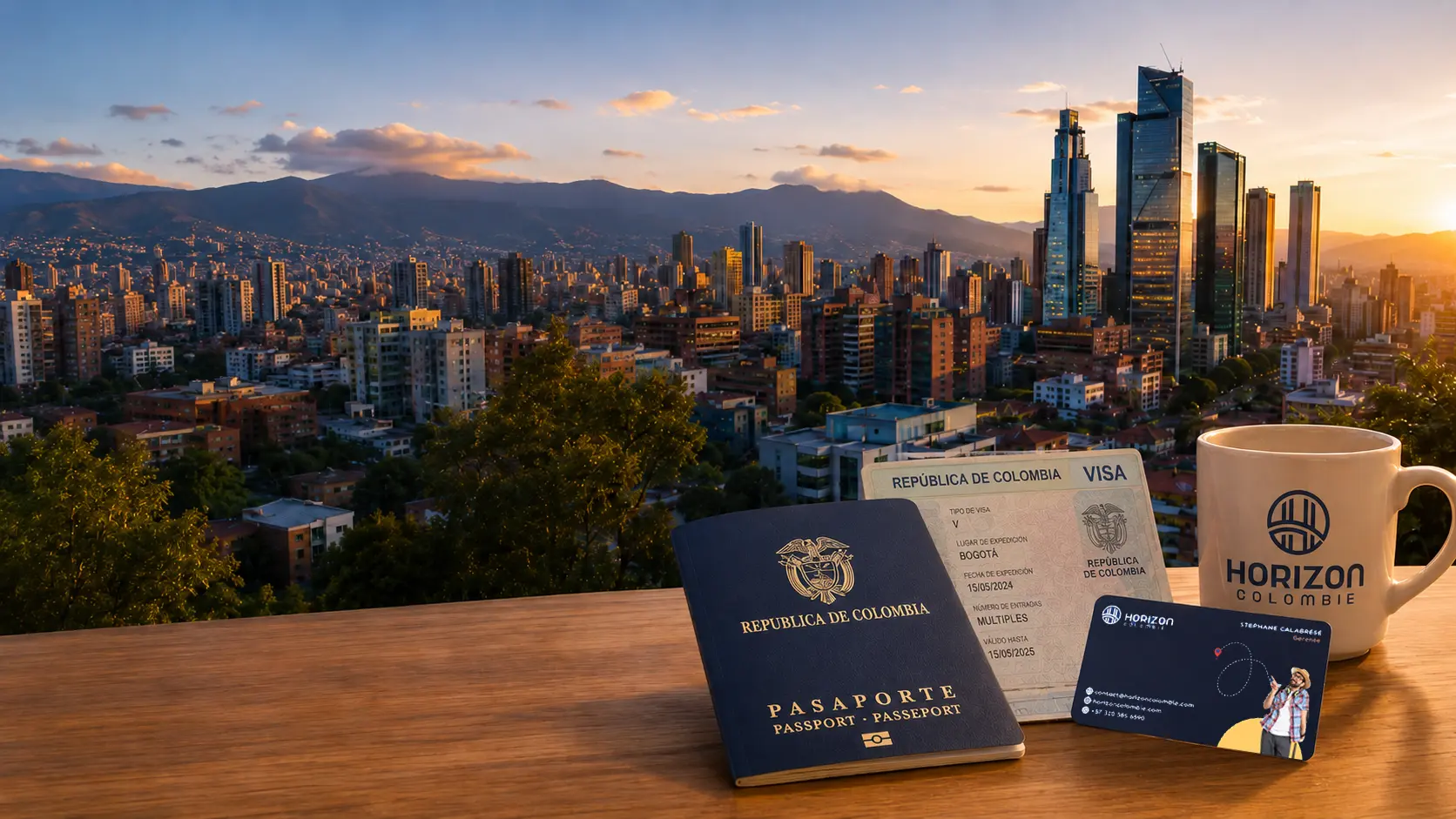 Vue de Bogotá au coucher du soleil avec passeport, visa colombien, carte de visite et mug Horizon Colombie