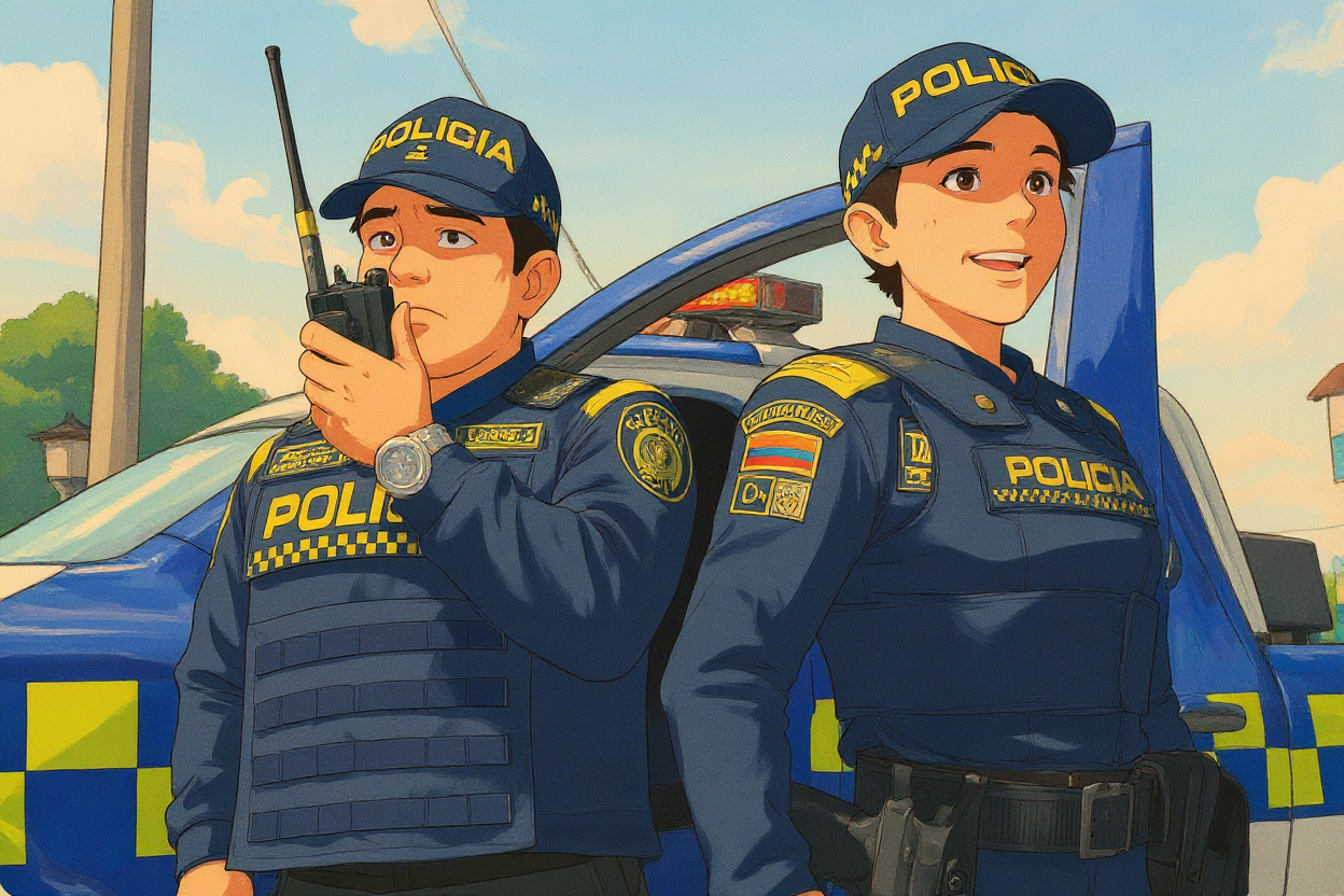 Deux policiers colombiens assurant la sécurité en Colombie